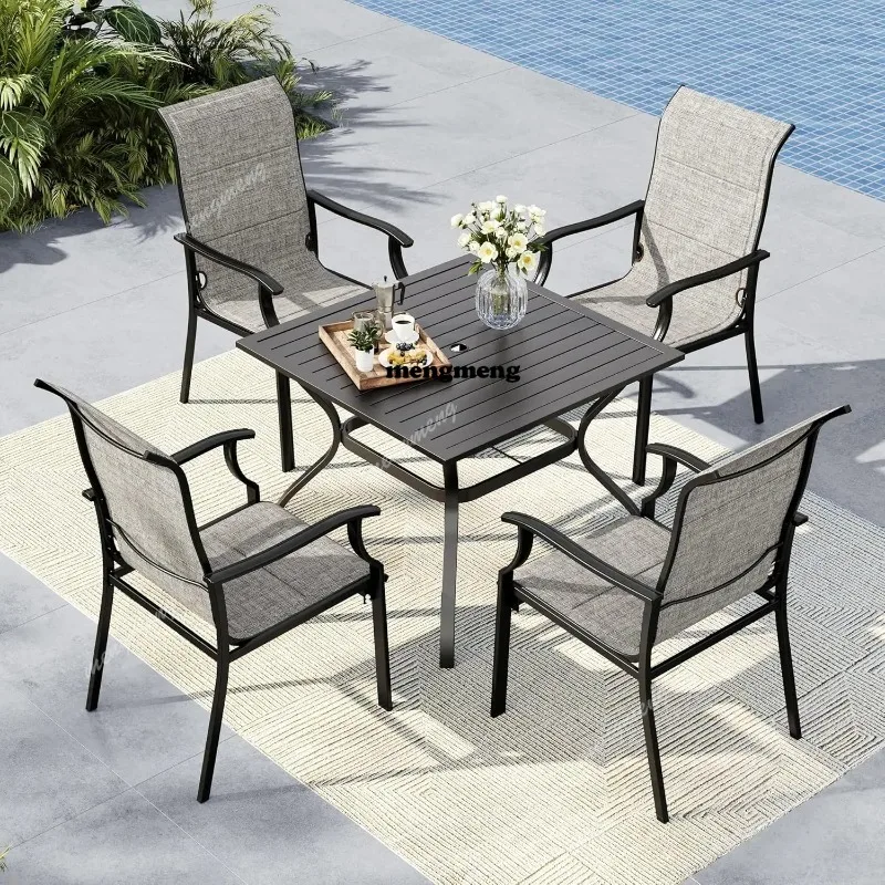 

5 PCS Patio Dining Set Outdoor Table and Chairs Set for 4, Square Metal Table with 4 Pieces Textilene Patio Dining, Customized