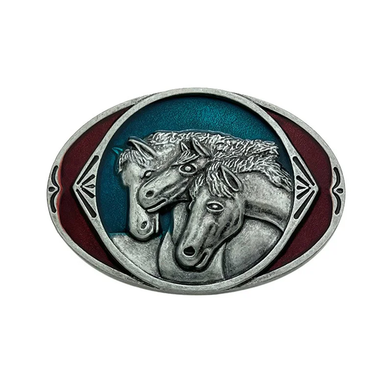 Three horse head belt buckles Western style