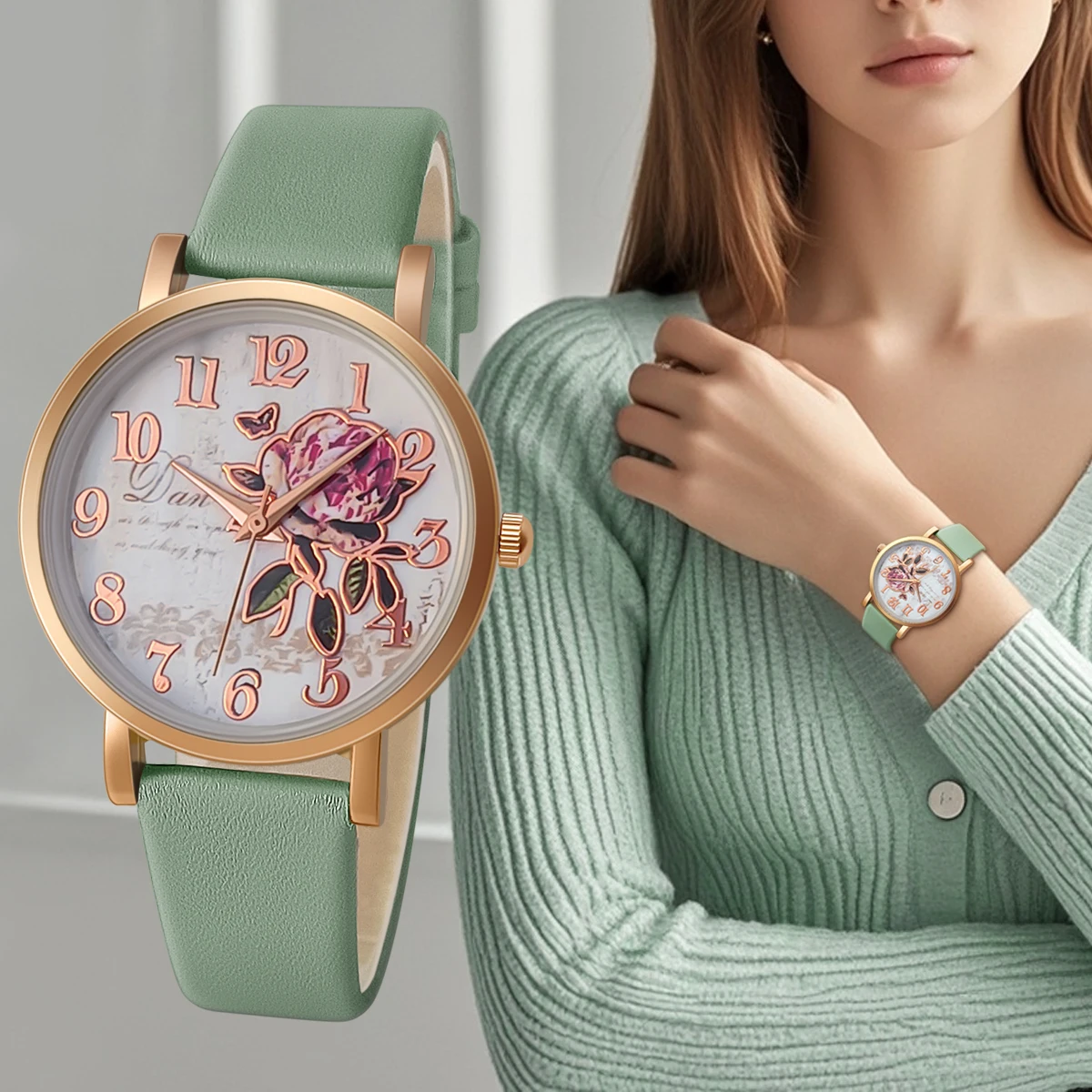 New Style Fashion Casual Luxury Women Peony Dial PU Leather Quartz Watch Elegant Popular Versatwrist Watch Hoilday Gifts Present