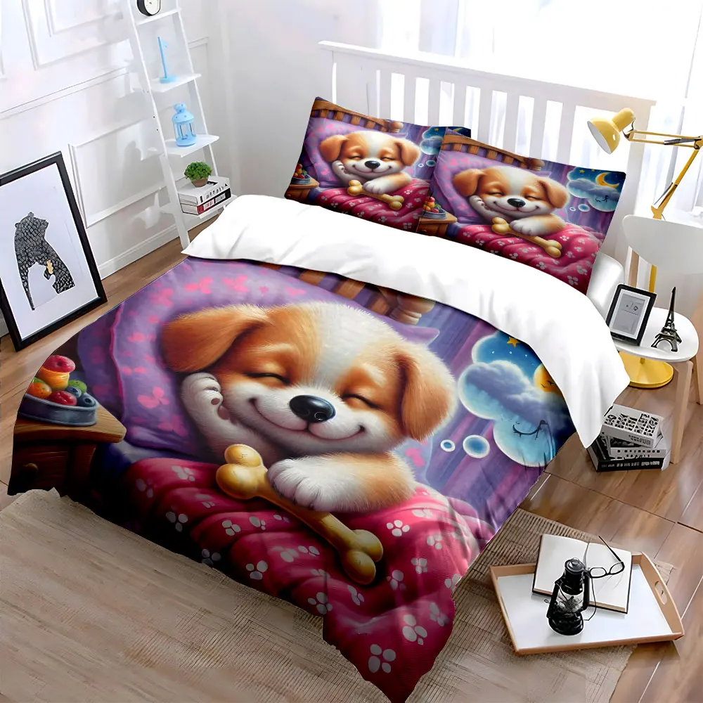 Dreaming dog in a fairytale setting Bedding Set for Kid Luxury Gift 3pcs Digital Print Comforter Set Soft Comfortable Breathable