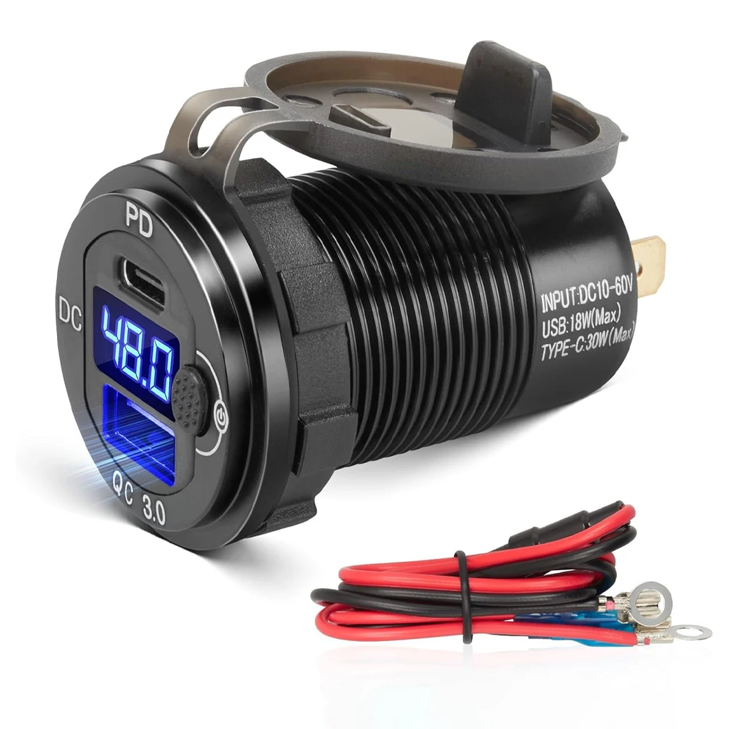 ABILKEEN DC12-24V 38W Output Car Power Charger PD+QC3.0 USB Dual Socket Charger with Digital Display Voltmeter and ON-OFF Switch