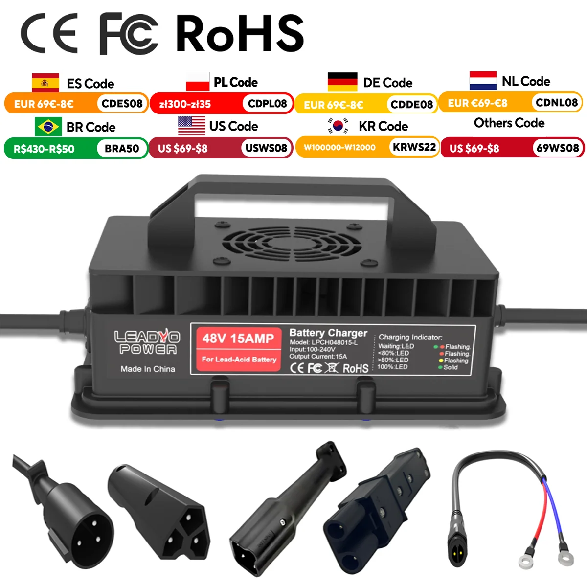 48V Battery Charger 15A for Ezgo Yamaha Club Car Plug Lead-acid Battery Smart Charger 800W IP67 waterproof Golf Cart Hight Power