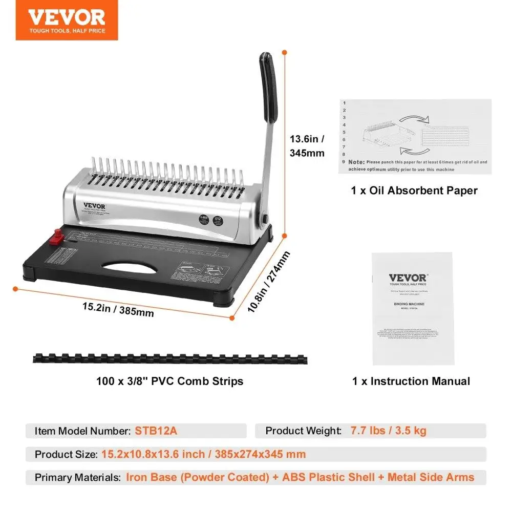 Comb Binding Machine 21 Holes 450 Sheets 100PCS 3/8 Binding Spines for letter A4 A5 Book Binding Machine