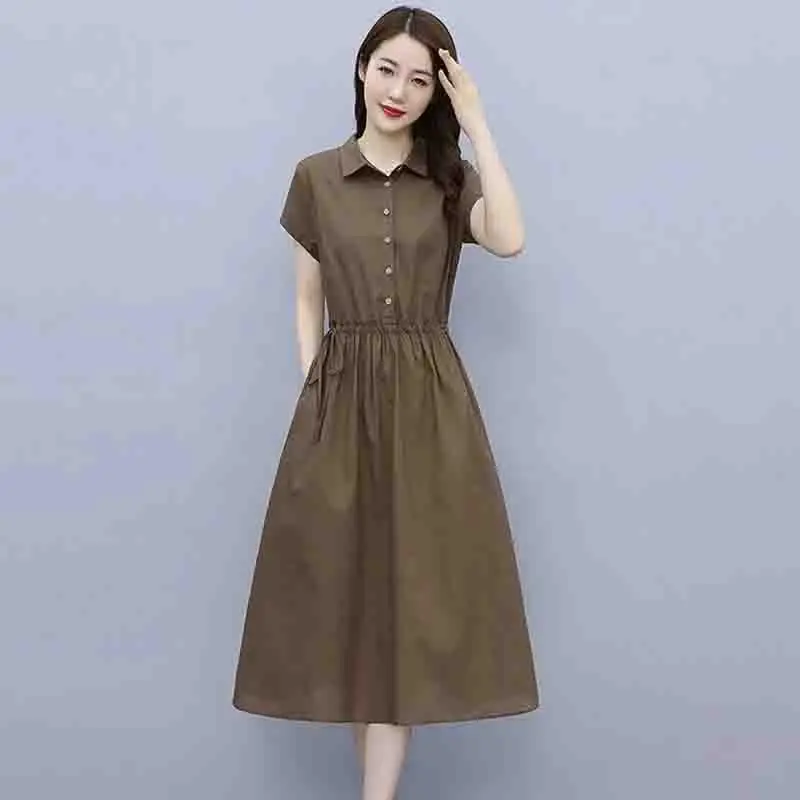 

2023 летнее новое женское модное хлопковое платье с короткими рукавами, женское корейское универсальное платье для отдыха, тонкие однотонные длинные платья