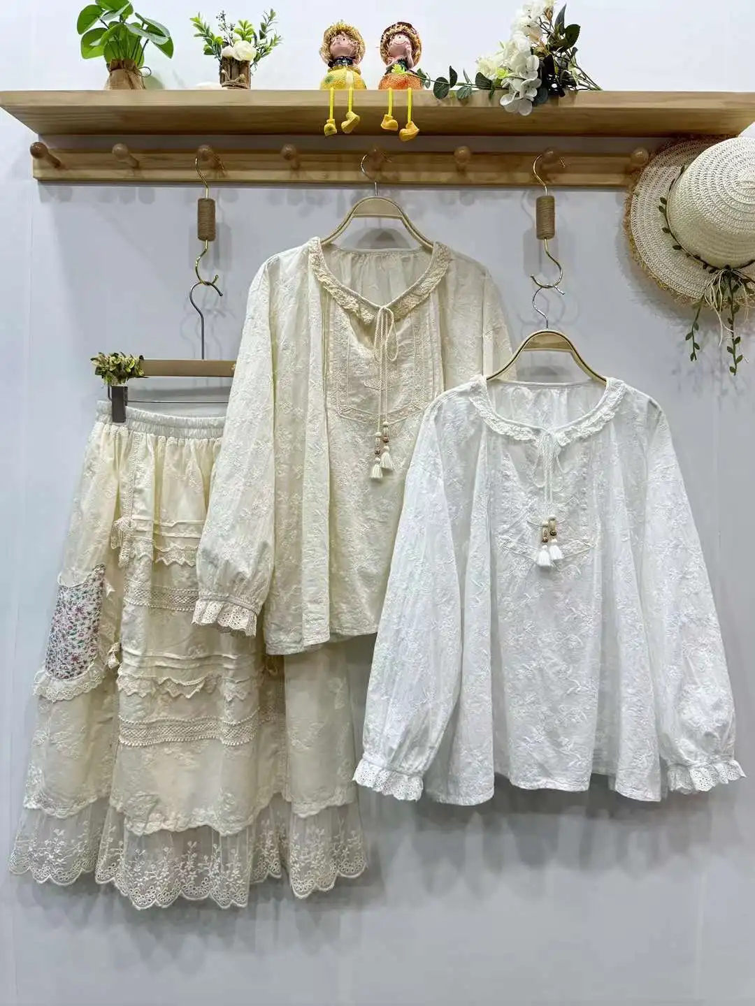 Bust 136cm Vintage Embroidery White Beige Shirt Women Boho Clothes Mori Girl Long Sleeve Blouse Japanese Cotton Autumn Top