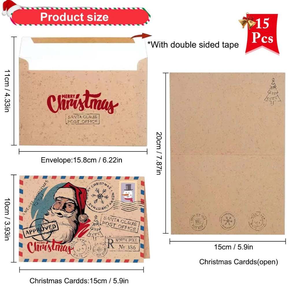 5/15 Pieces Christmas Postcard Greeting Card Vintage Christmas Stamp Cards with Envelope Elegant Folding Card for Colleagues