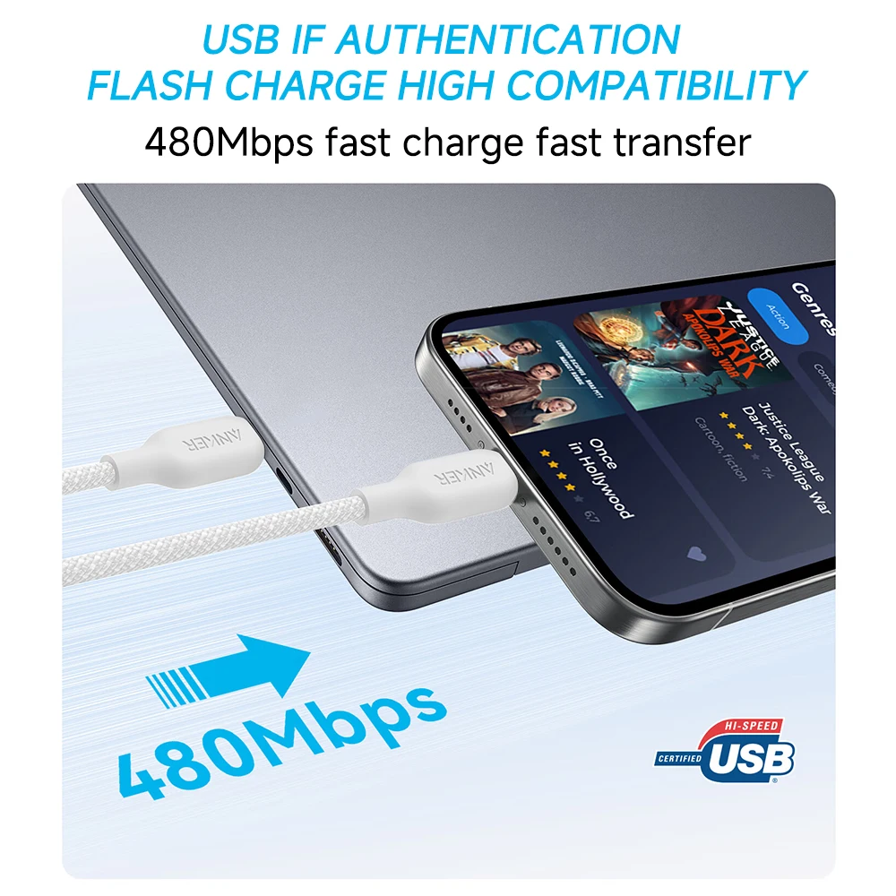 كابل Anker 240W USB-C إلى USB-C كابل بيانات مجدول من النايلون البيئي لهاتف iPhone 15 iPad Pro MacBooks Android