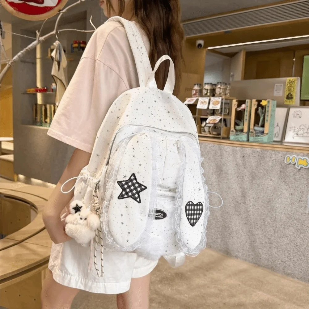 Cute Nylon Rabbit Ear Backpack Polka Dot Large Capacity Student's Backpack Lace Travel Rucksack for Students Girls
