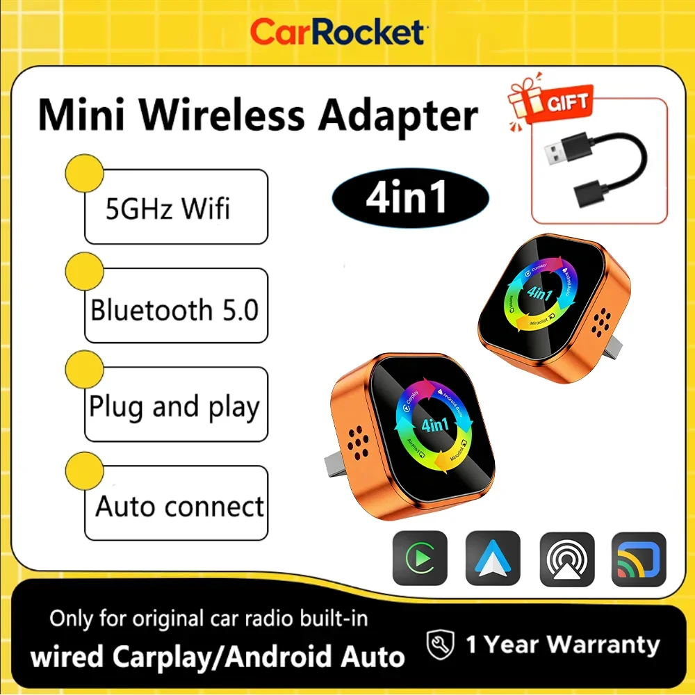 2026 CarRocket 4 in1 CarPlay Android Auto AirPlay Mirror Link Stable Bluetooth Adapter Wired To Wireless for Volvo Benz Mg Kia