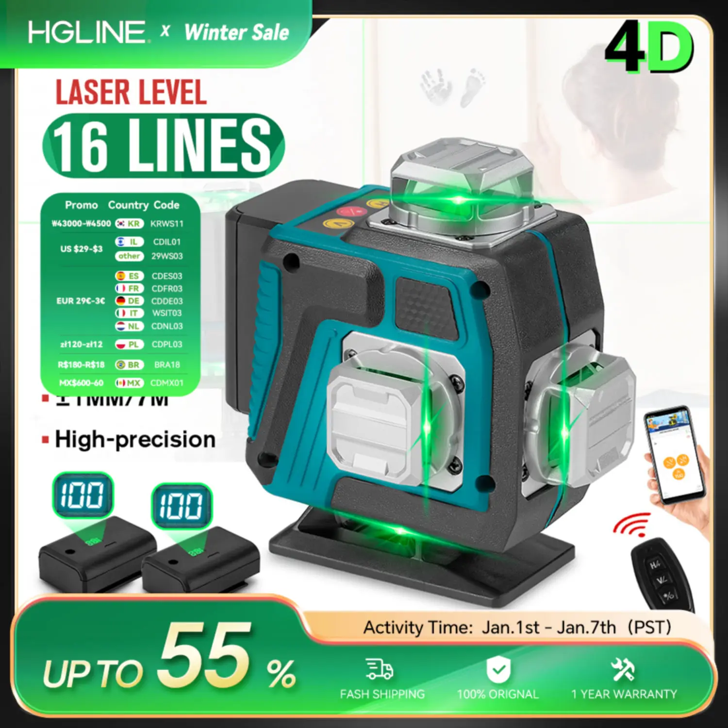 HGLINE 16/12 Lines 4D/3D Laser Level leveling Tool Power Display Automatic 360℃ Horizontal And Vertical Cross Laser Machine