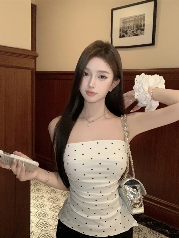 

Elegant Polka Dot Wrap Bustier Top Women's Sweet Summer Design Slimming Base Layer Sleeveless Outerwear Tank Top