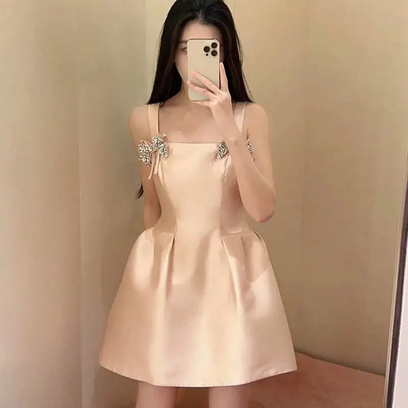 

Summer Diamond-bordered Bows Zipper Mini Dress Women Slash Neck Sleeveless Backless Camisole Dresses New 3AV3NK