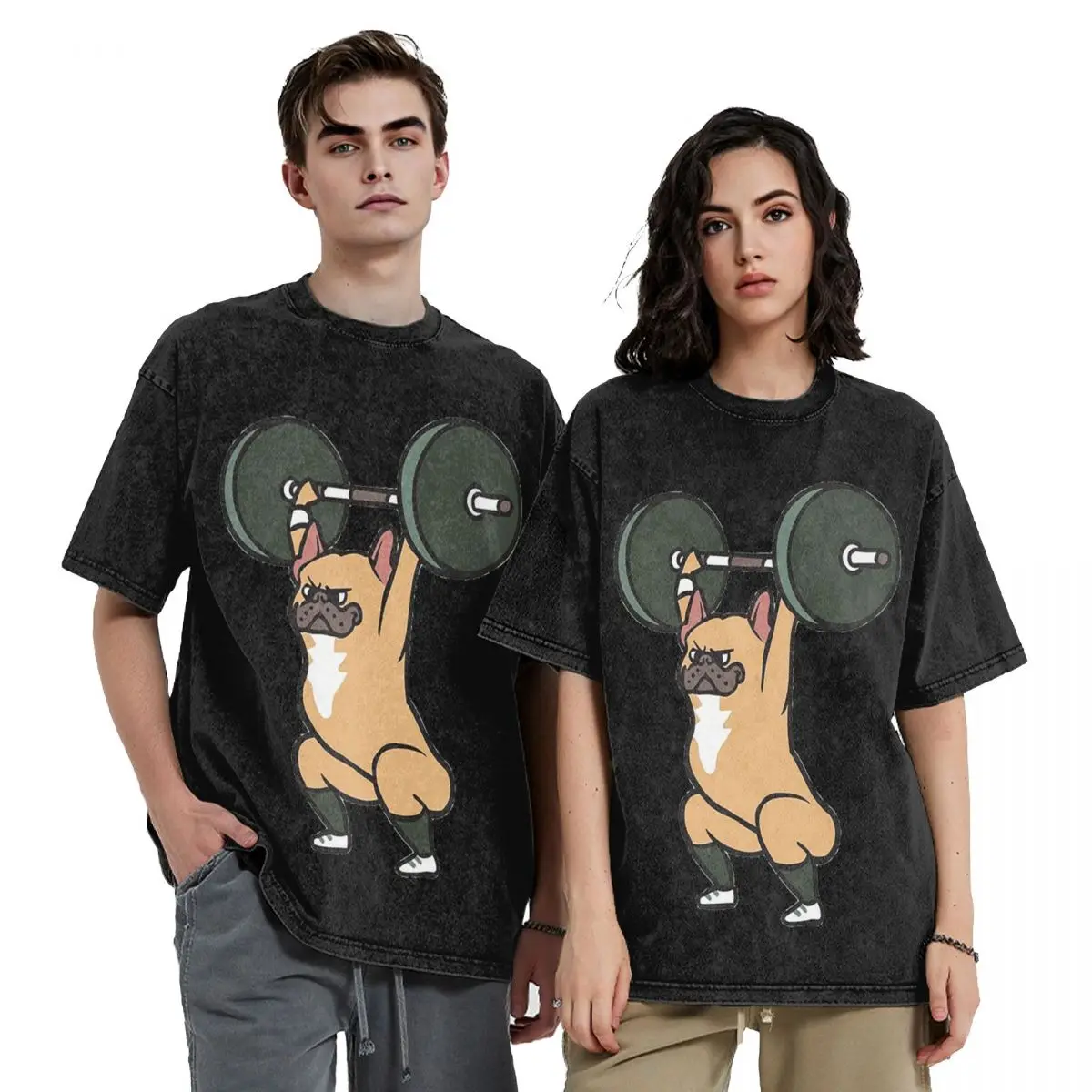 The Snatch Weightlifting French Bulldog Washed T Shirts Printed Short Sleeve Hip Hop T-Shirt Streetwear Tops Tees for Men Women