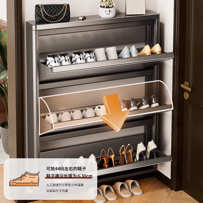 Ultra-Thin Flip Shoe Cabinet 12cm Deep Space Saving Steel Shoe Rack for Narrow Entrance Hallway