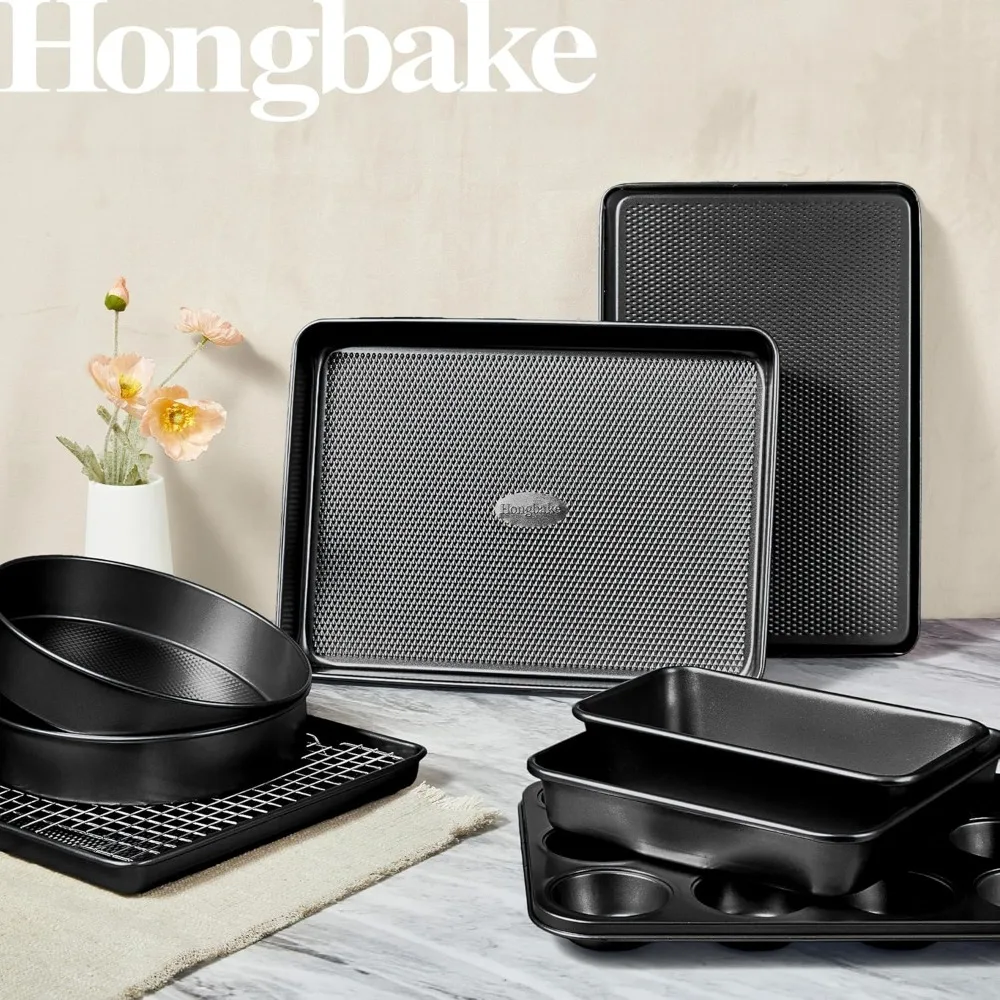 

Upgraded 9-Piece Baking Pans Set Nonstick, Stackable Non Toxic Bakeware Sets with Diamond Texture, Oven Pan Set for Cooking