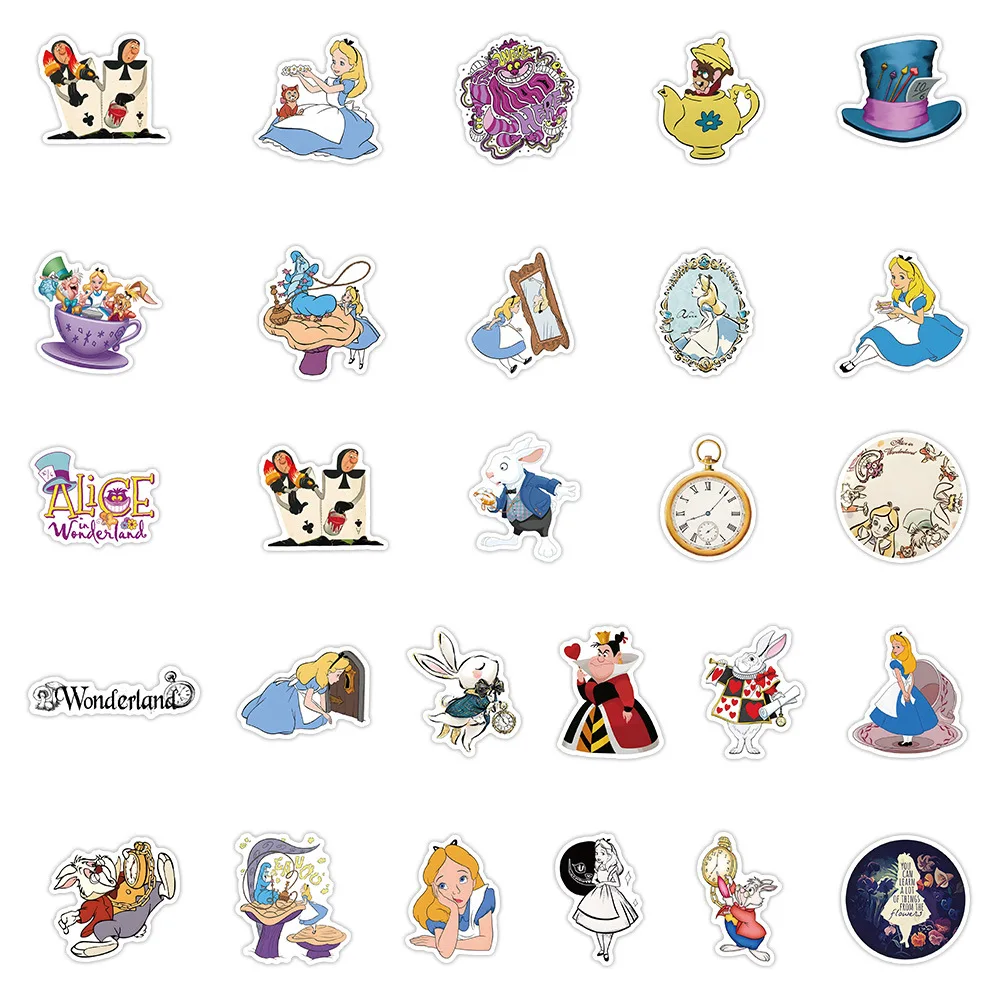 54 قطعة أليس في بلاد العجائب الكرتون الكتابة على الجدران ملصقات الهاتف الغيتار المحمول دفتر حقيبة كوب ملصق مضاد للمياه الشارات لعبة أطفال