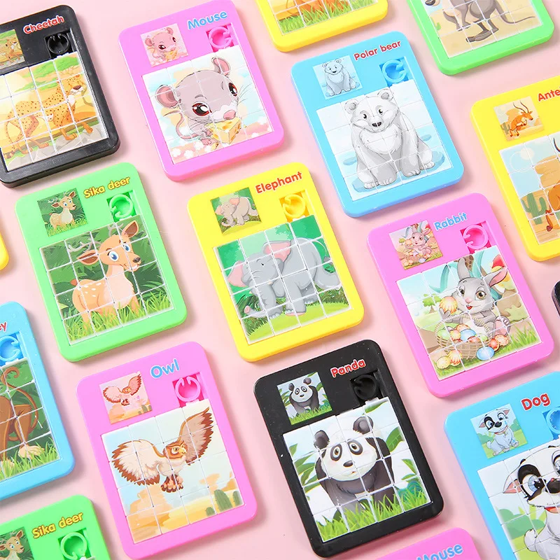 10Pcs 16 Frame Cartoon Animal Puzzle Sliding Puzzle Intellectual Toys for Kids Birthday Party Favors Treat Guest Pinata Filler