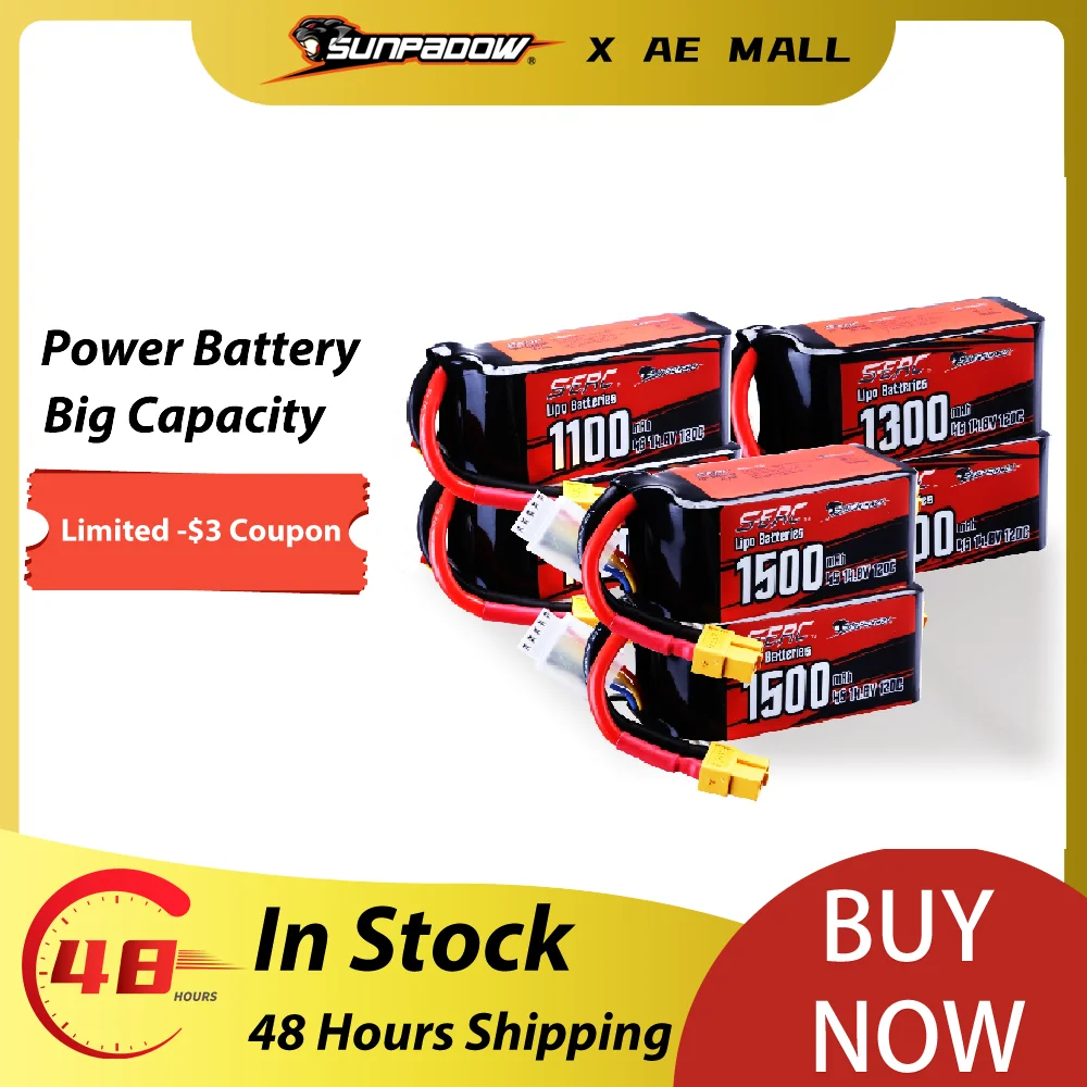 SUNPADOW 4S 14.8V Lipo batteria 1100mAh 1300mAh 1500mAh 120C con spina XT60 per RC FPV elicottero aereo Drone Quadcopter Hobby