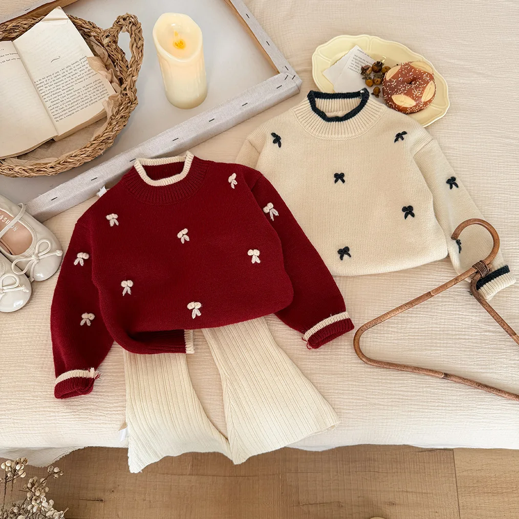 

Вязаный свитер для девочек, осень/зима 2026, новая зимняя одежда, утепленный теплый топ, вязаный свитер для малышей