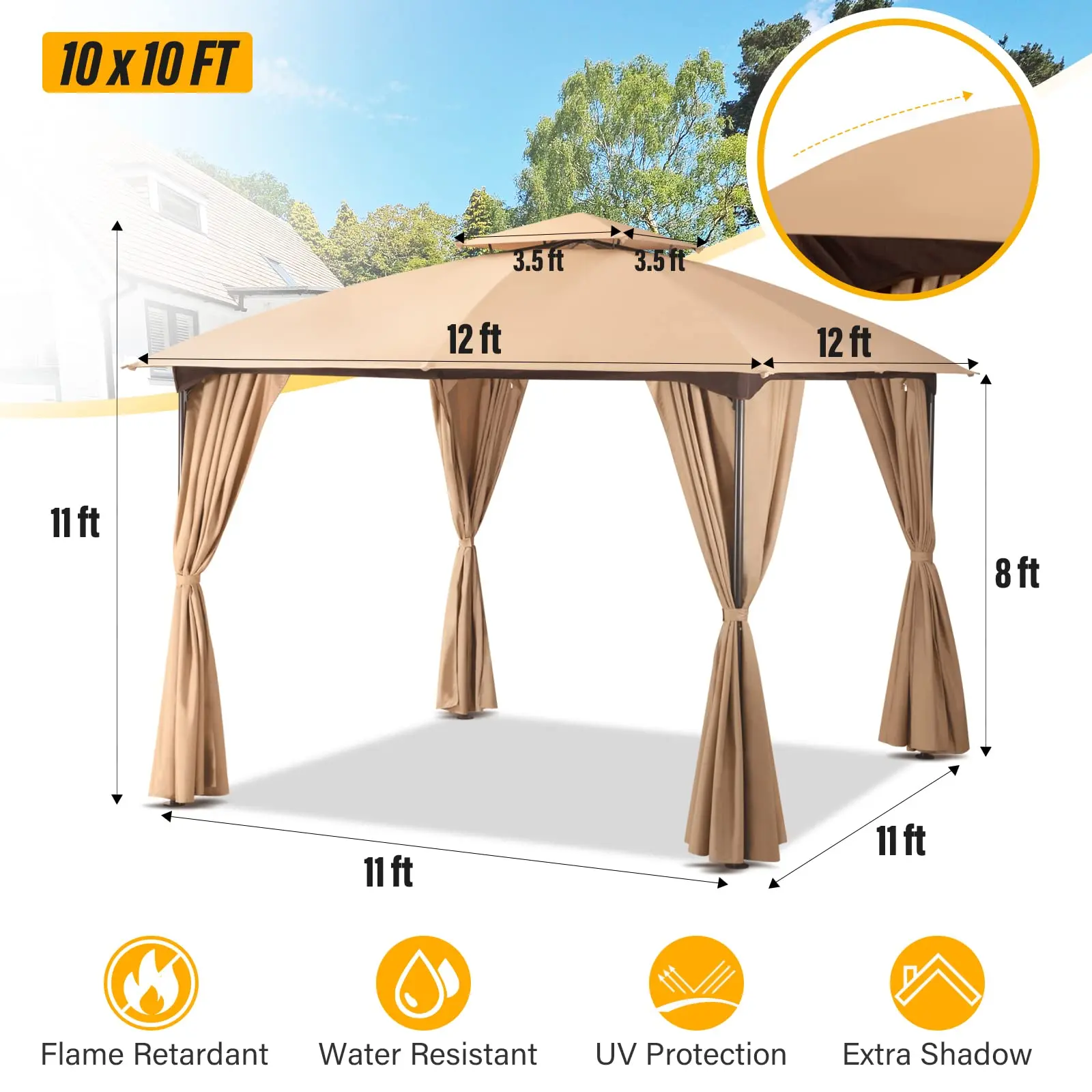 10x10 Patio Gazebo Tent with String Lights, Outdoor Party Shelter with Curtains, Expansion Bolts & Wind-Resistant
