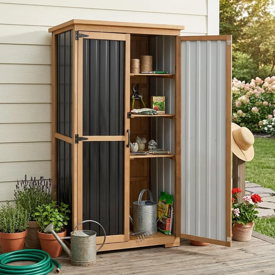 66-Inch Outdoor Storage Cabinet for patio use, made of weather-resistant resin, charcoal gray color, features 3 adjustable shel