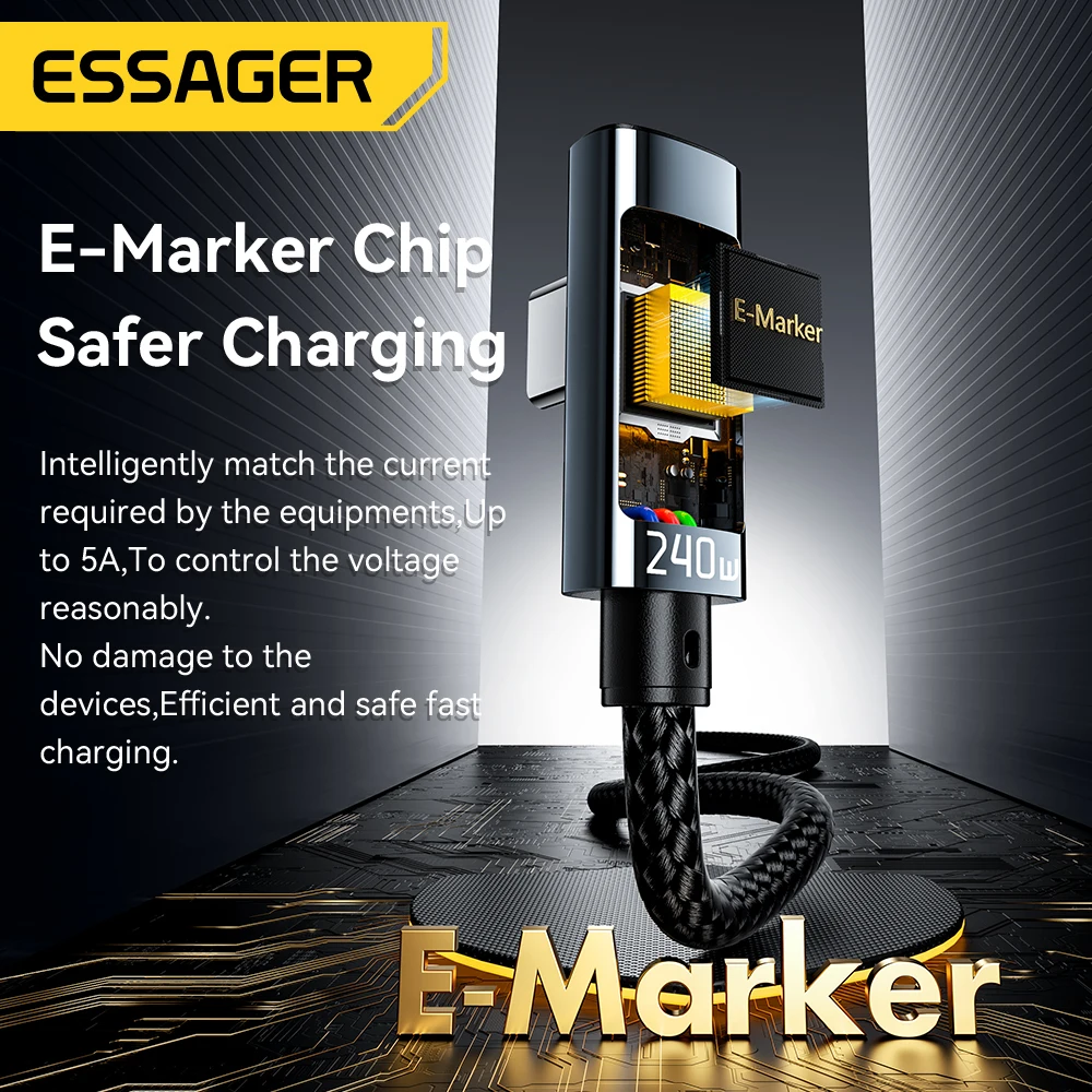 Kabel Essager 240W Type C do Type C z kątem 90 stopni, szybka ładowarka 5A, kabel Type C z wyświetlaczem cyfrowym do iPhone'a, MacBooka Pro, Xiaomi — zdjęcie produktu 4