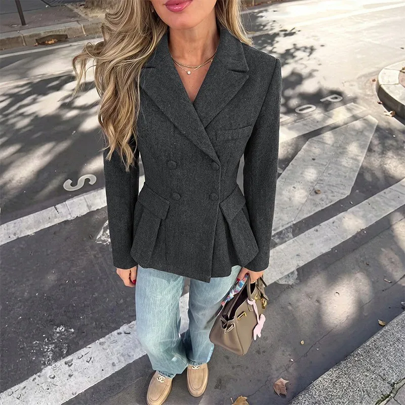 Elegant Women's Fitted Blazer Notched Lapel Double Breasted A-Line Long Sleeve Office Business Suit Jacket Winter Outerwear