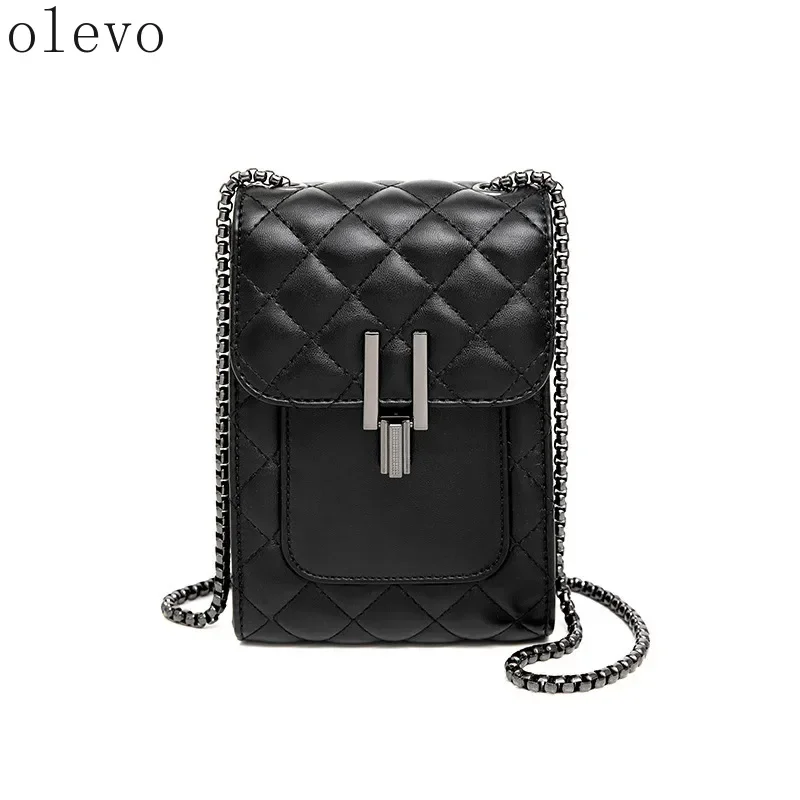 Black Diamond Grid Pattern Phone Crossbody Bag Exquisite Hardware Buckle Long Chain Strap Fashion Mini Bag