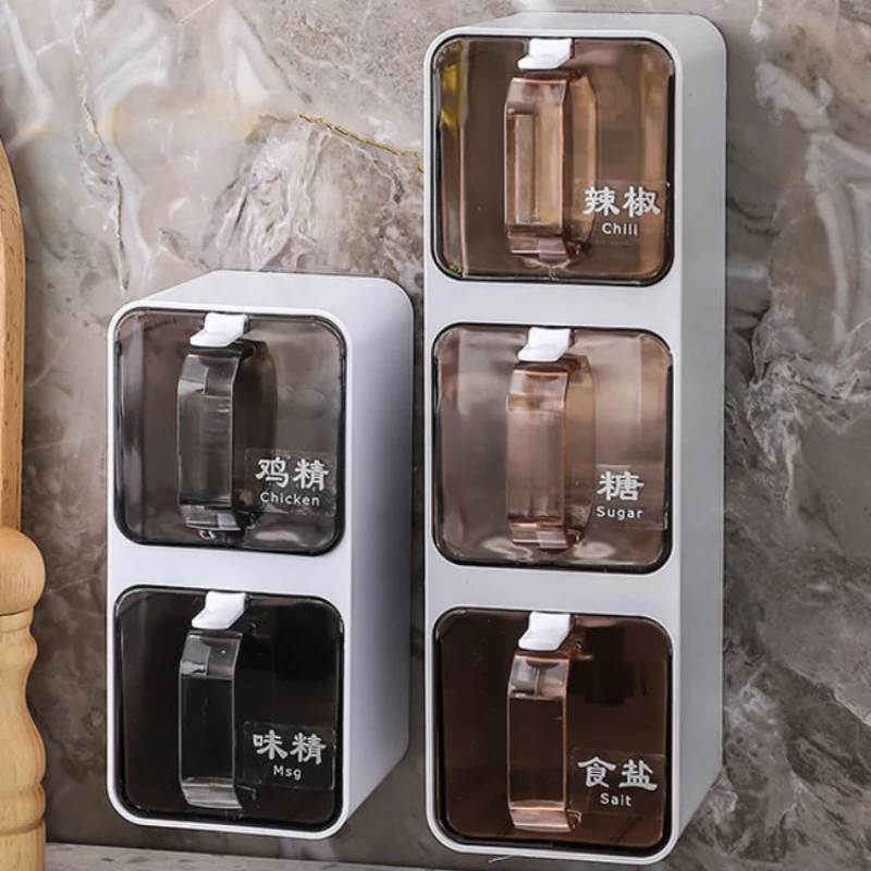 Wall-mounted Seasoning Box Spice Rack Sugar Bowl Salt Shaker Seasoning Container Spice Boxes with Spoons Kitchen Combination Set