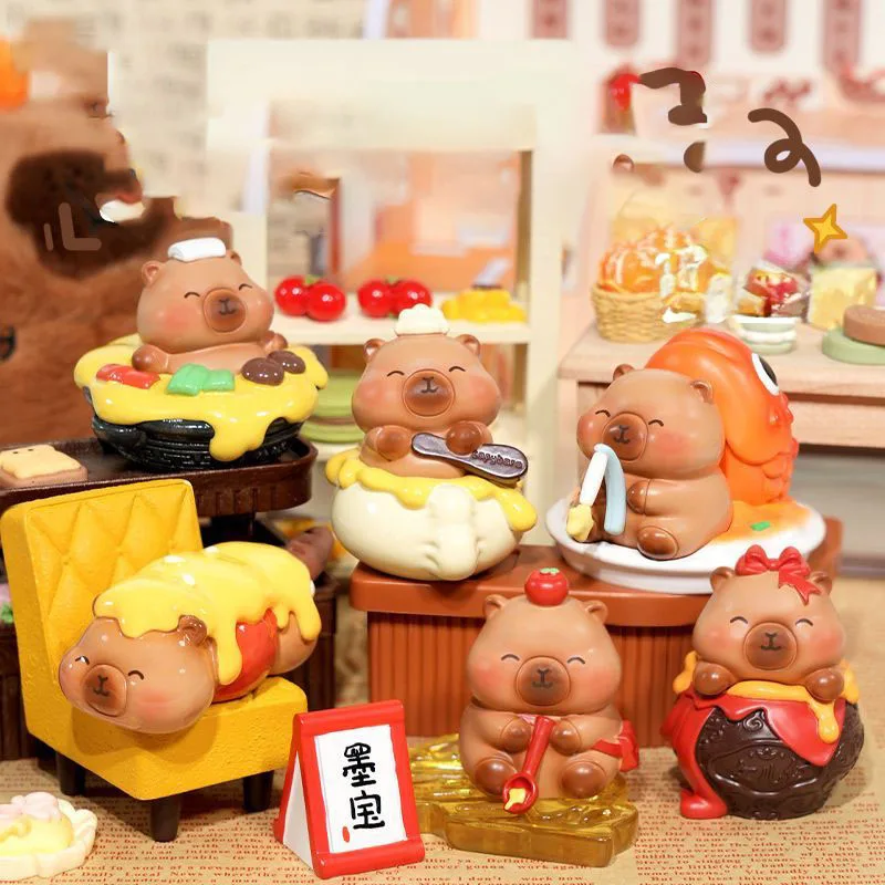 カピバラフードテーマブラインドボックスランダムかわいいフィギュアキュートアニマルデスクトップデコレーションコレクタブルサプライズトイギフト家族への幸運の贈り物