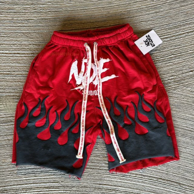 Ins Net Red Shorts Men Women Foam Flame Print American Retro Street Style Five Pants Y2k Cotton Solid Color Loose Couple Pants