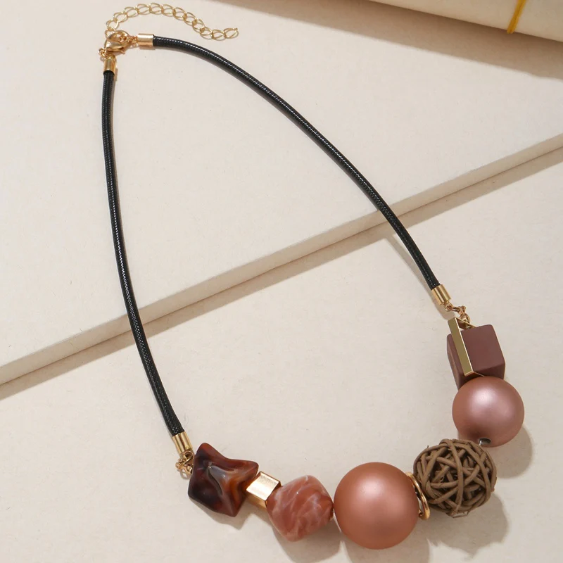 Women Geometric Acrylic Beads Sepa Takraw Pendants Necklaces Rope Chain Statement Necklace Vintage Handmade Jewelry