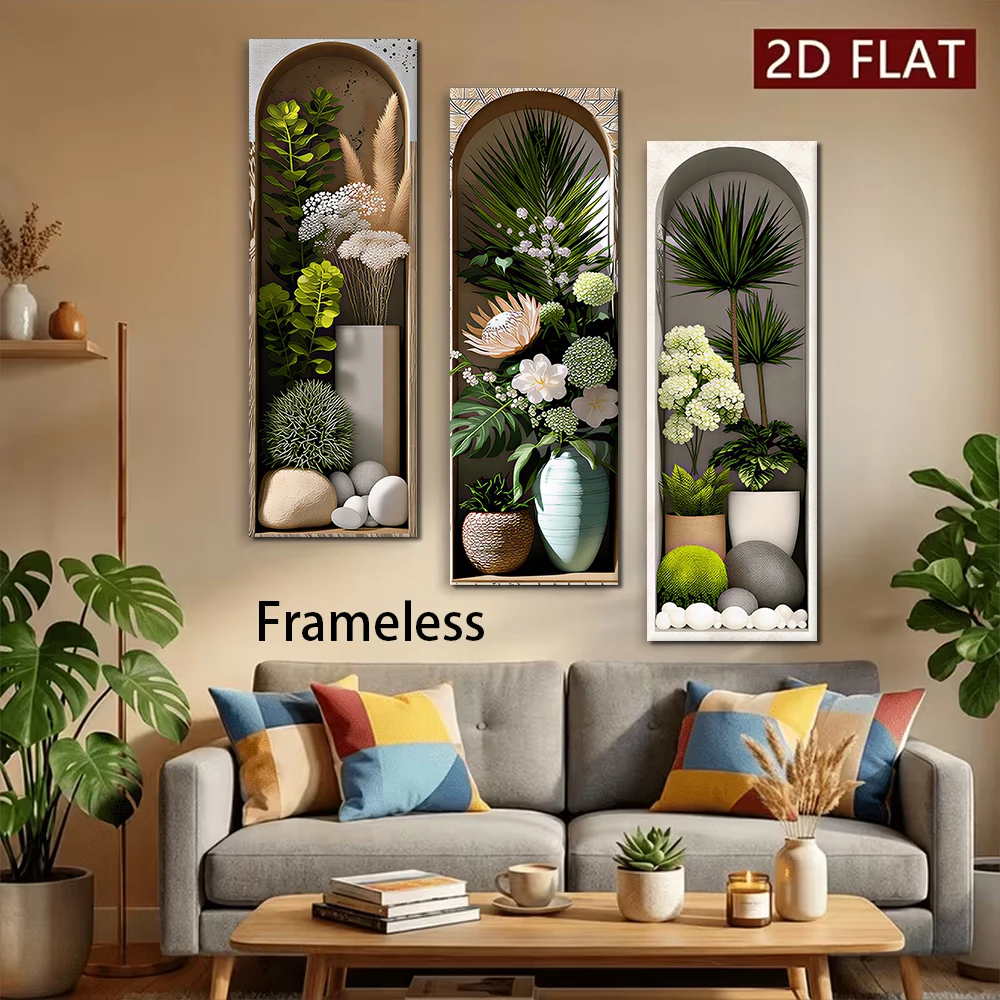 1 set of modern simple triple frameless wall stickers, simulated green plants, flowers, living room entrance background wall dec