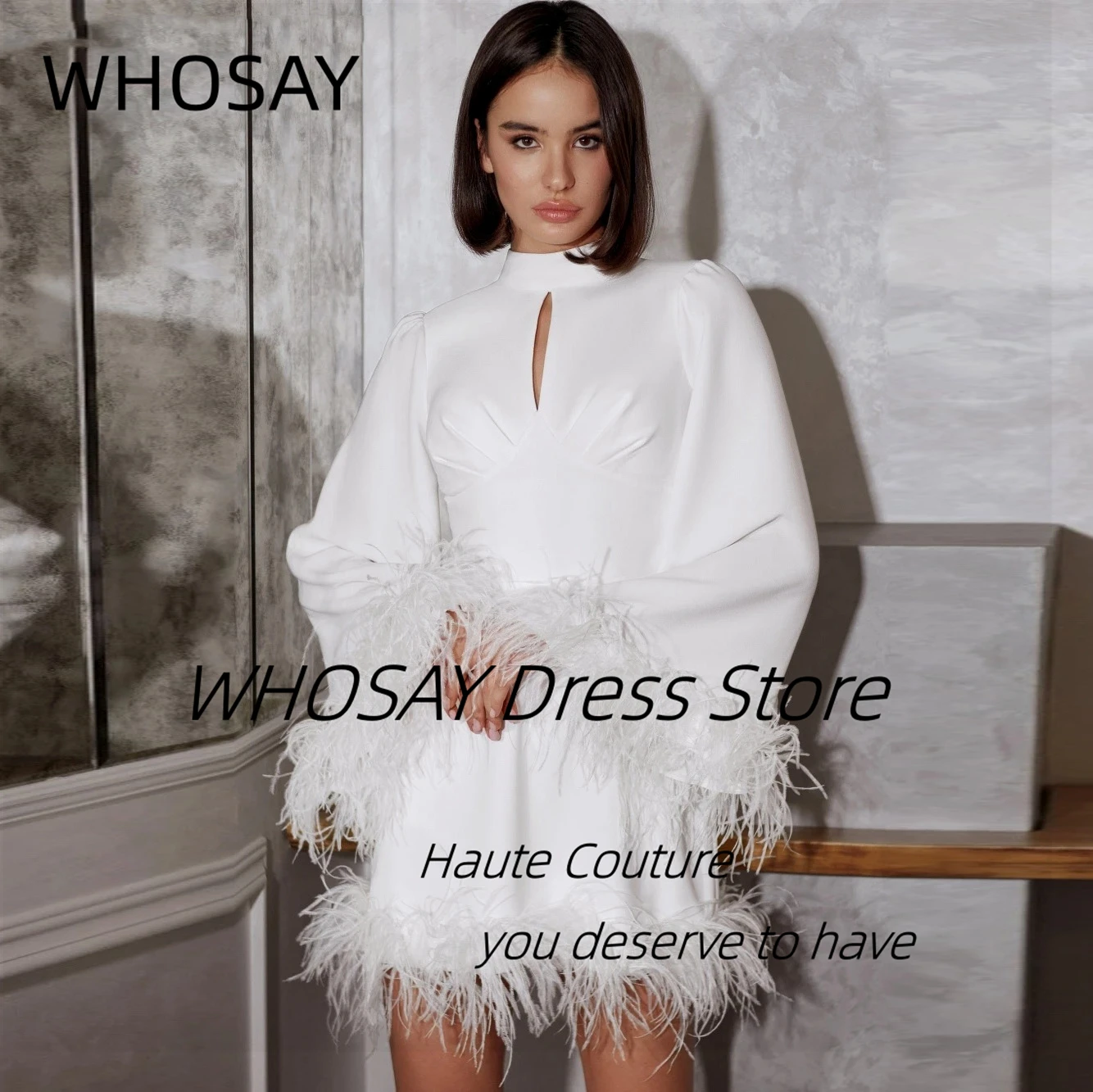 WHOSAY Luxury Feathers Short Prom Dresses High Collar Long Sleeves Cocktail Dress Buttons Sexy Back Evening Party Bridal Gowns