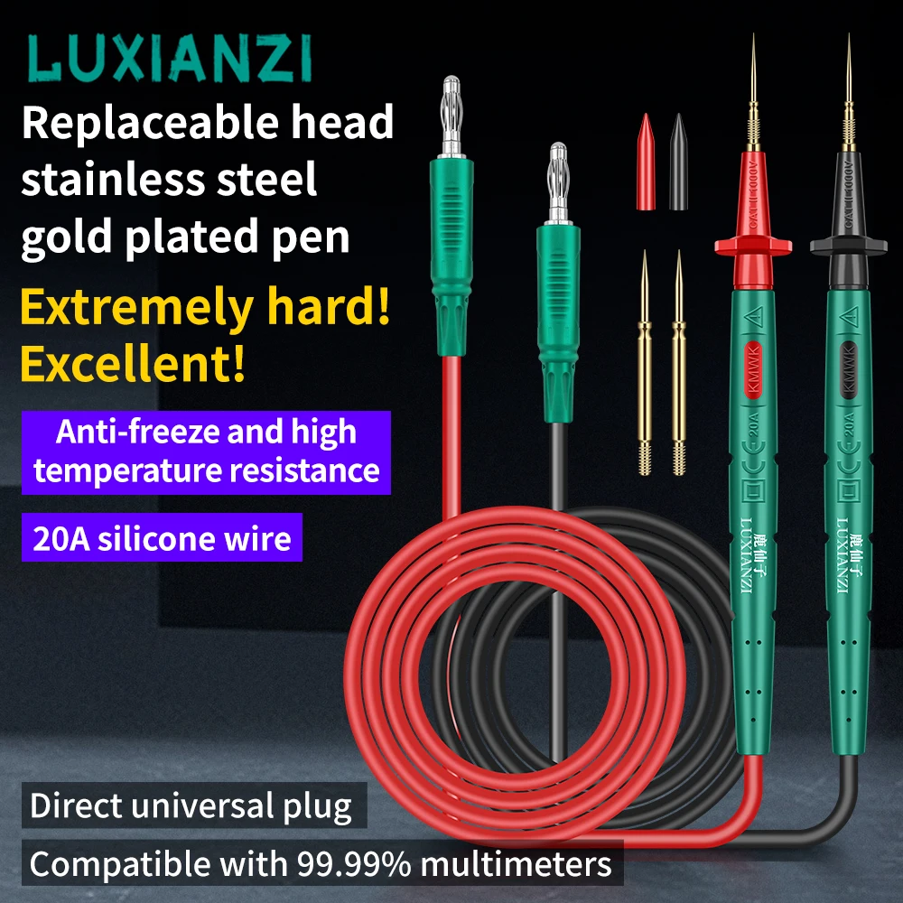LUXIANZI Digital Multimeter Test Leads Pen Replaceable Stainless Steel Probe Set 20A 1000V Anti-freeze Silicone Test Cable