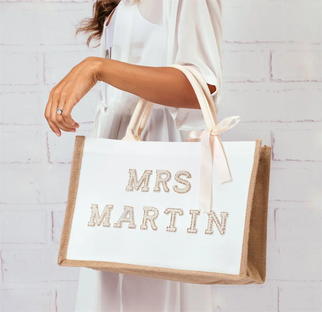 Bride Tote bag, Bride Gift, Bridal shower gift, Bachelorette bags, Honeymoon beach bag, Mrs Custom Bag, Customized Bride Bags-wh