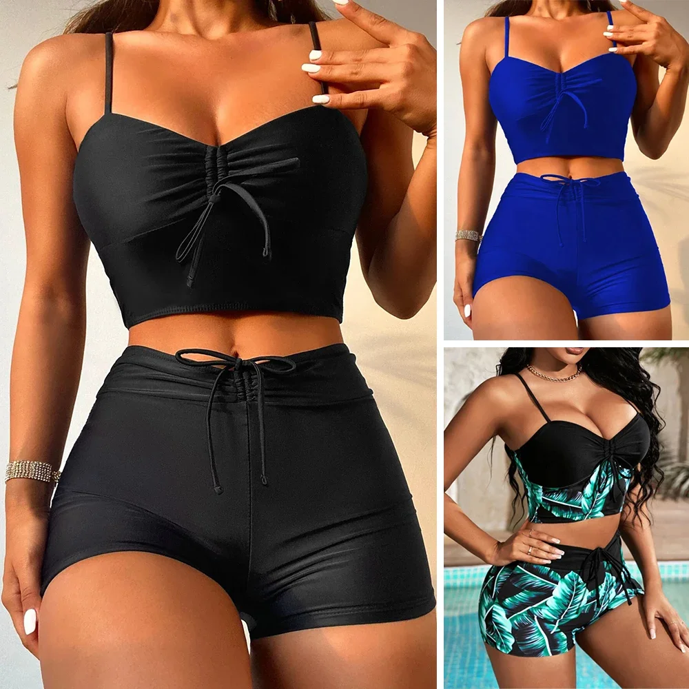 Sexy Bikini Push Up Bikinis Women Printed Splicing Cami Swimwear 2 Piece Swimsuit With Shorts High Waisted Bathing Suit Bather