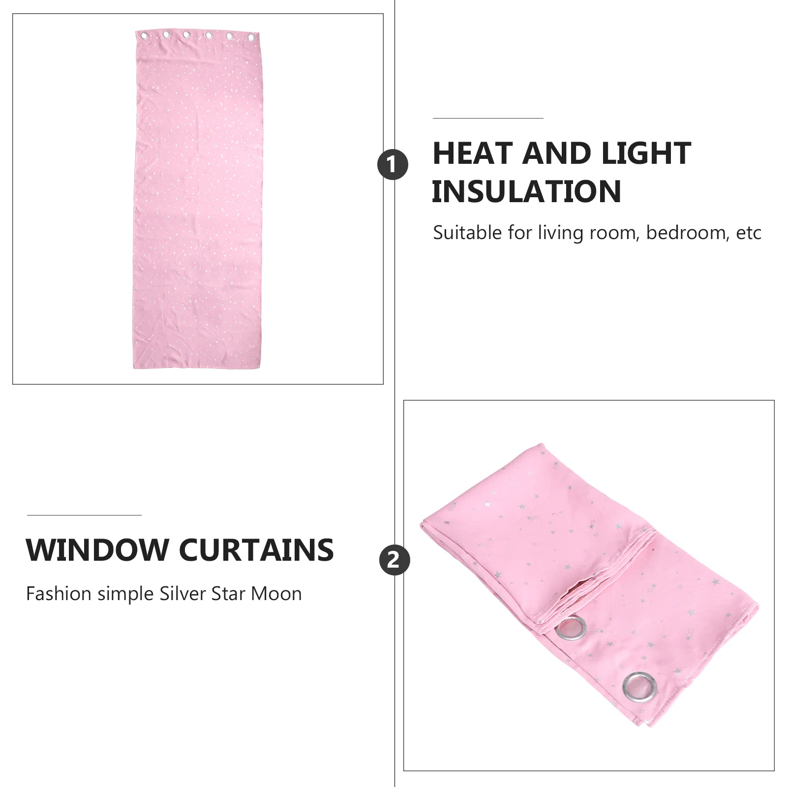 

1Pcs Heat Insulation Window Curtain Silver Stars Moon Design Blackout Curtain Punching Installation 100x250cm Pink
