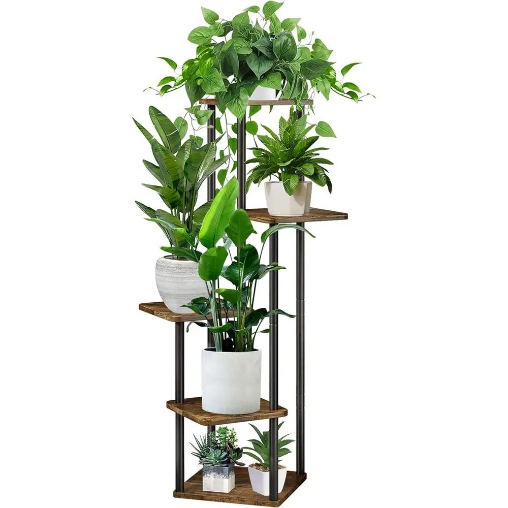 

5-ярусная металлическая и деревянная подставка для растений для нескольких растений, подходит для гостиной, патио и балкона (черный и коричневый)