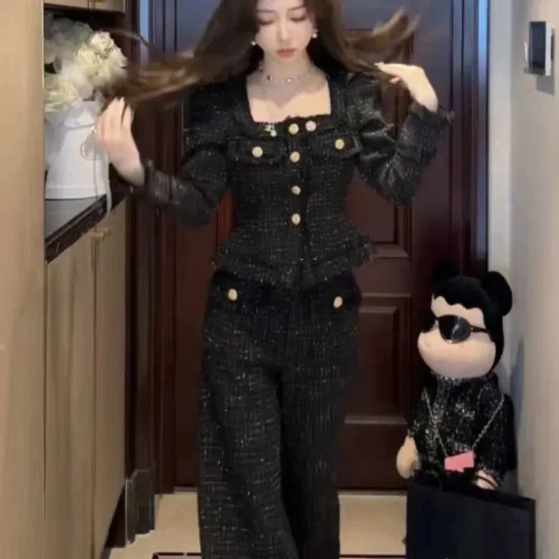 Women's Jacket Casual Slim Square Collar Long Sleeve Plaid Short Jacket Same Style Loose Pants Luxury Design Wool Pants Suit