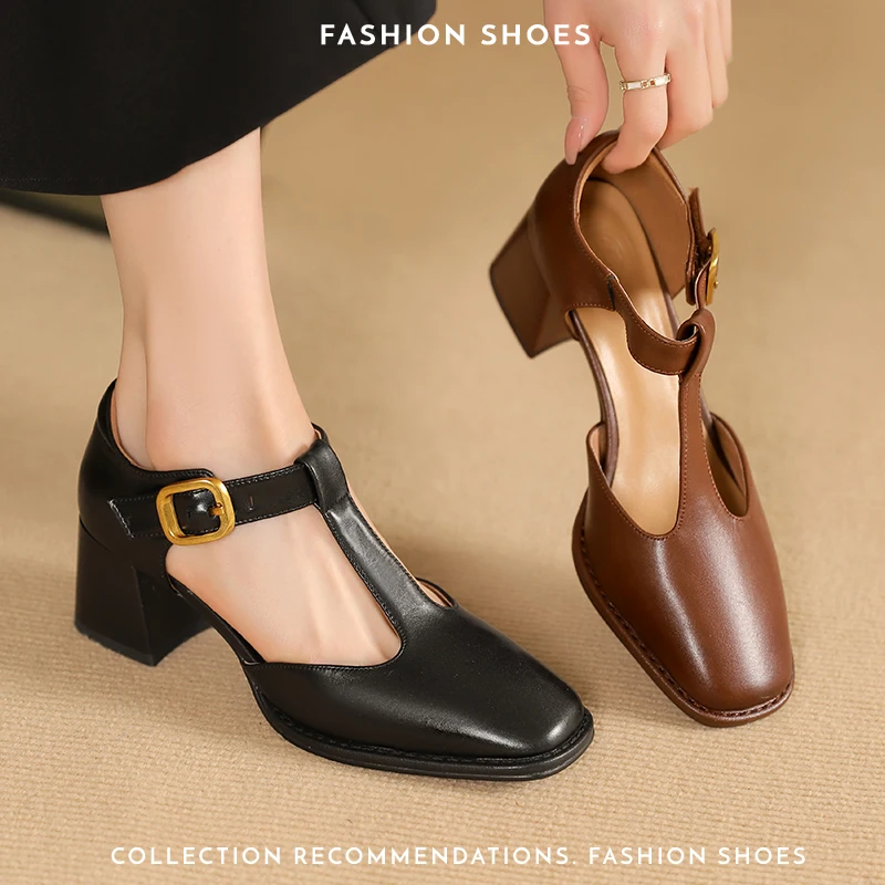 

2026 new spring summer women sandals natural leather 22-26cm cowhide+pigskin+sheepskin t-buckle thick heel women shoes fashion