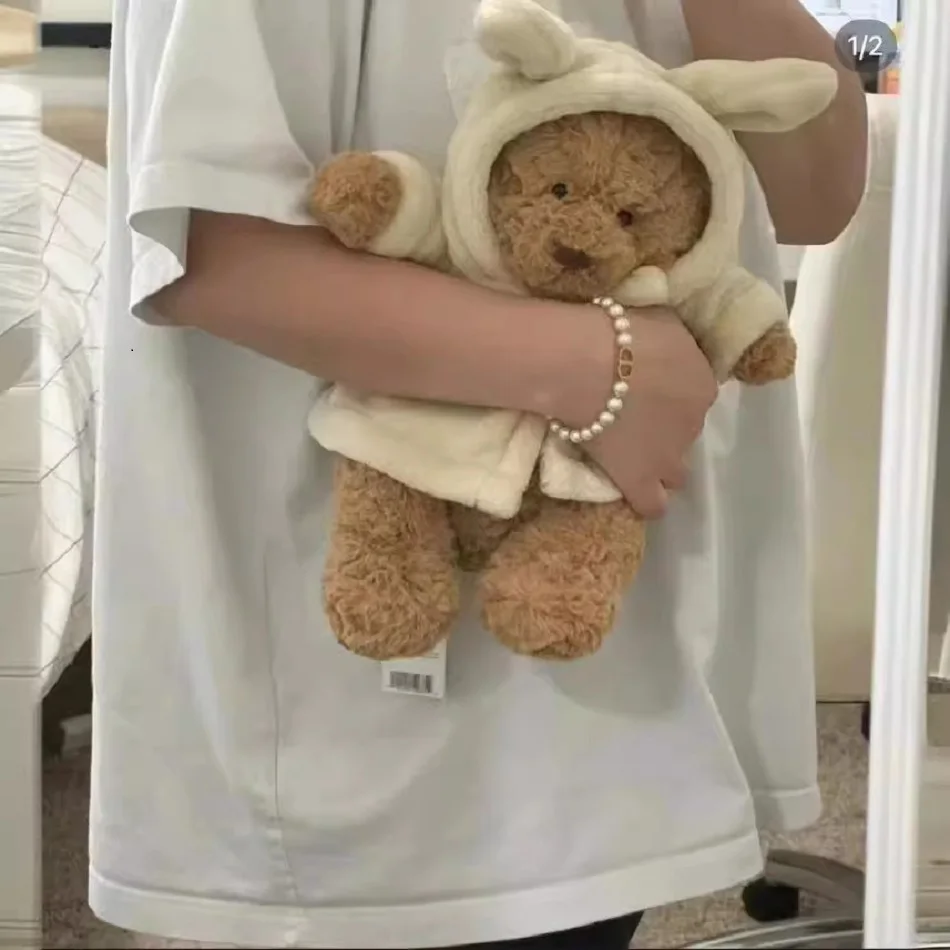 

Cute Bunny Hood Bathrobe Teddy Bear Plush Doll Soft Stuffed Animal Sofa Decor Birthday Valentine Gift Cuddle Companion Toy
