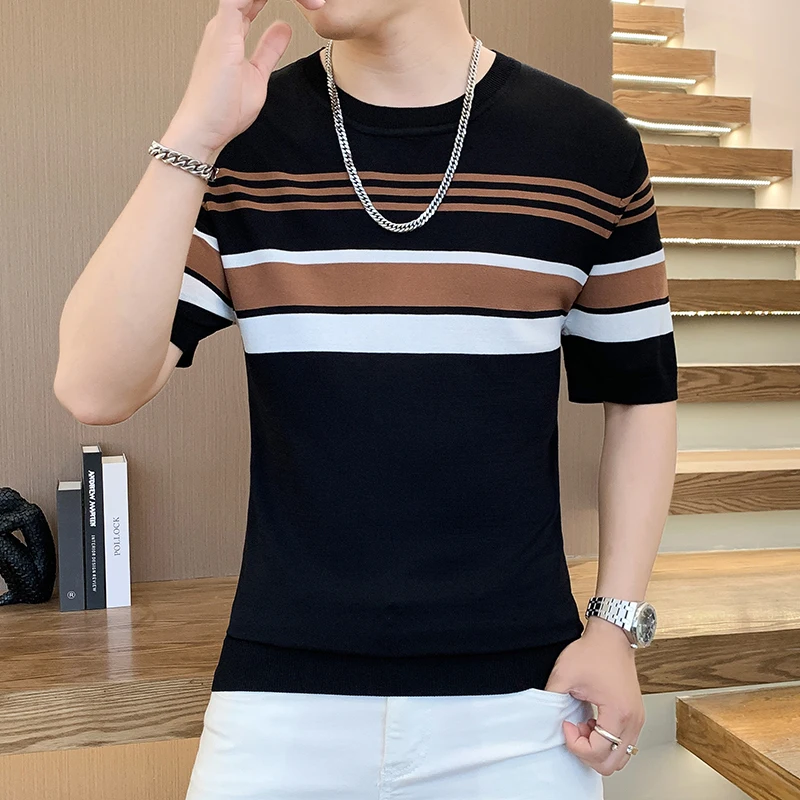 2024 Summer Ice Silk Knitted T-shirt for Men Short Sleeve Round Neck Casual T-shirt Slim Striped Business Social Tee Tops M-4XL