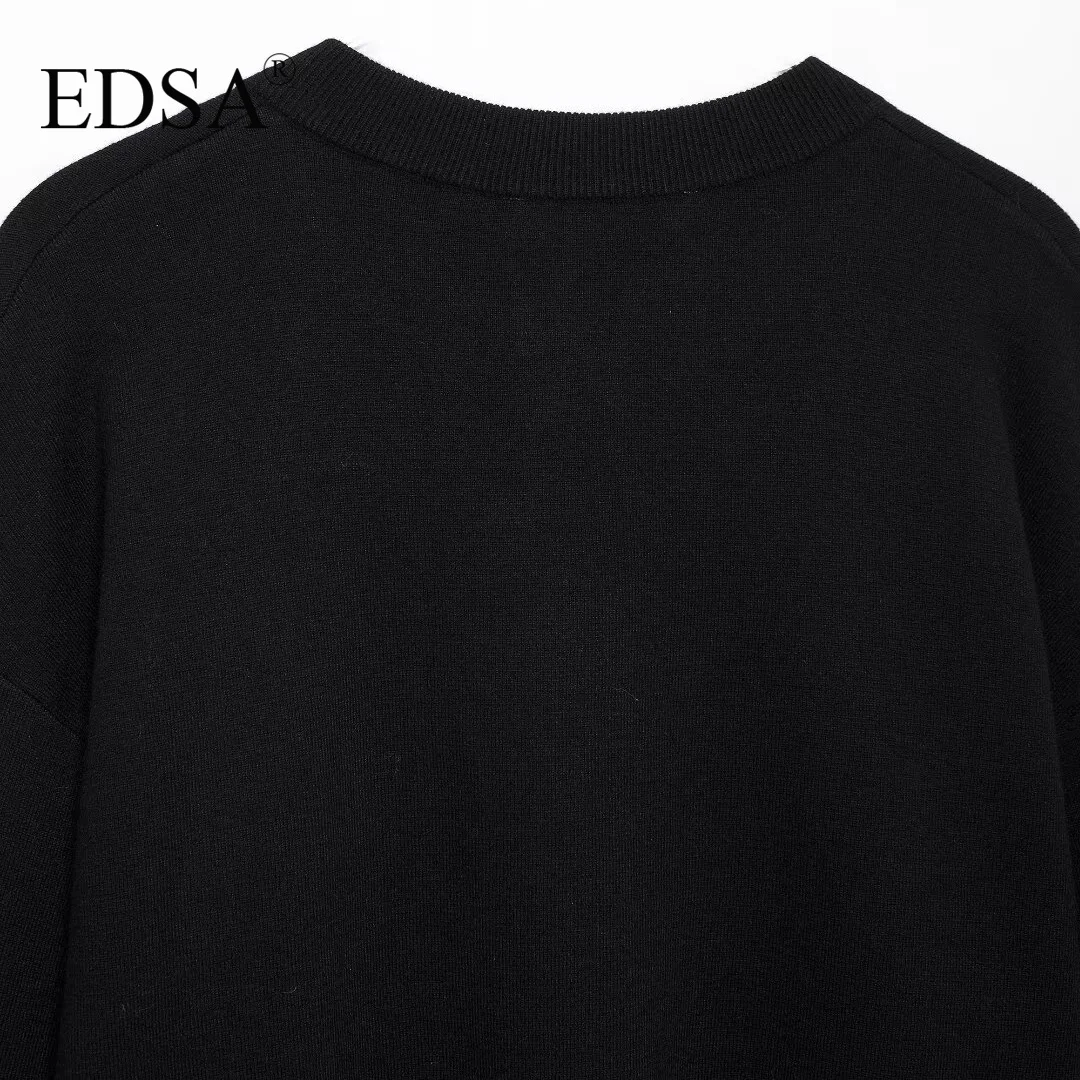 EDSA Women Black Cropped Knit Cardigan with Large Buttons Round Neck Long Sleeves Ribbed Cuffs Autumn Knitted Sweater Coat