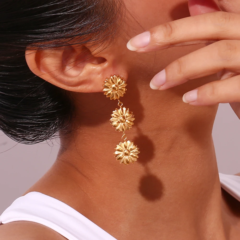 La. Muses-pendientes elegantes chapados en oro de 18K para mujer, aretes de tres gotas de girasol, joyería Wteel sin agua Premium, tendencia 2024