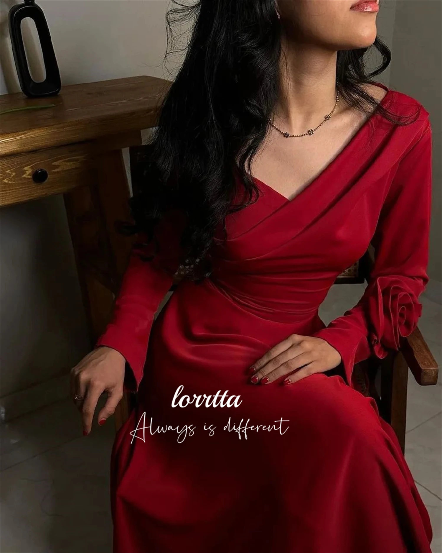 Lorrtta Medium Length Deep Red Long Sleeves V-neck Evening Dress Elegant Party Dresses Woman Prom Wedding Customized 2024 Gown