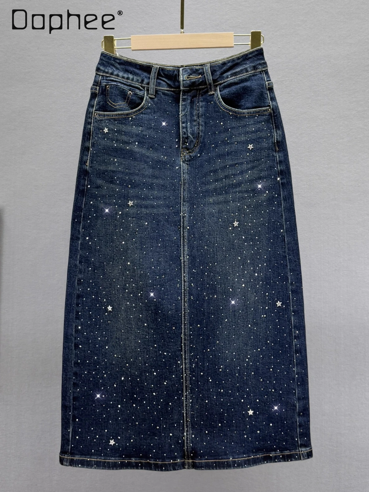 

European Style Rhinestone Denim Midi Skirt for Women 2025 Autumn New High Waist Slimming Slit Sexy A-line Skirt Trendy Skirts