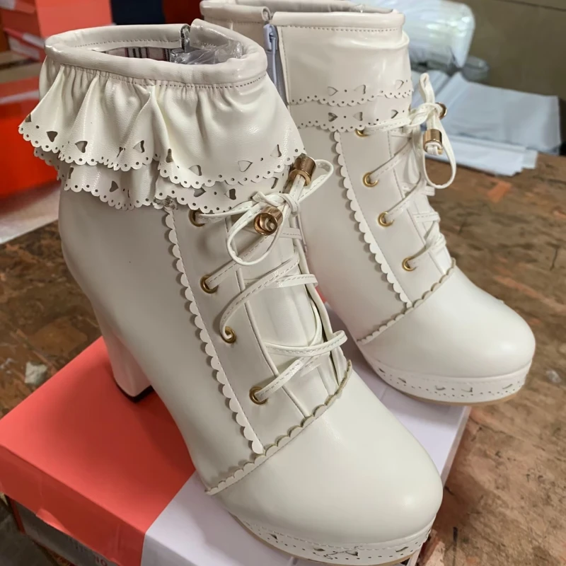 Autumn Winter Women\'s Ankle Boots Platform White Black Pink Sweet Short Boot Lace up Footwear Lolitas Shoes Girls Big Size 45