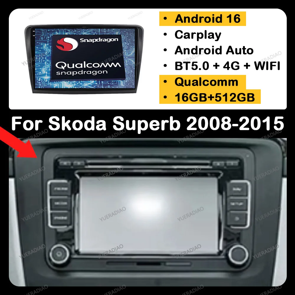 Android 16 Carplay Auto Für Skoda Superb 2 B6 2008 - 2015 Autoradio Multimedia Stereo Videoplayer NAVI GPS 4G WIFI QLED 2DIN BT