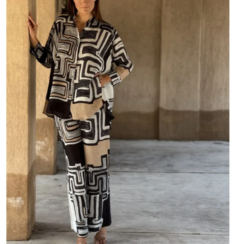 2025 جديد دعوى المرأة 2 قطعة مجموعة أنيقة قميص مطبوع التلبيب بنطال ذو قصة أرجل واسعة مجموعة فضفاضة عصرية عادية القطن الكتان مجموعة